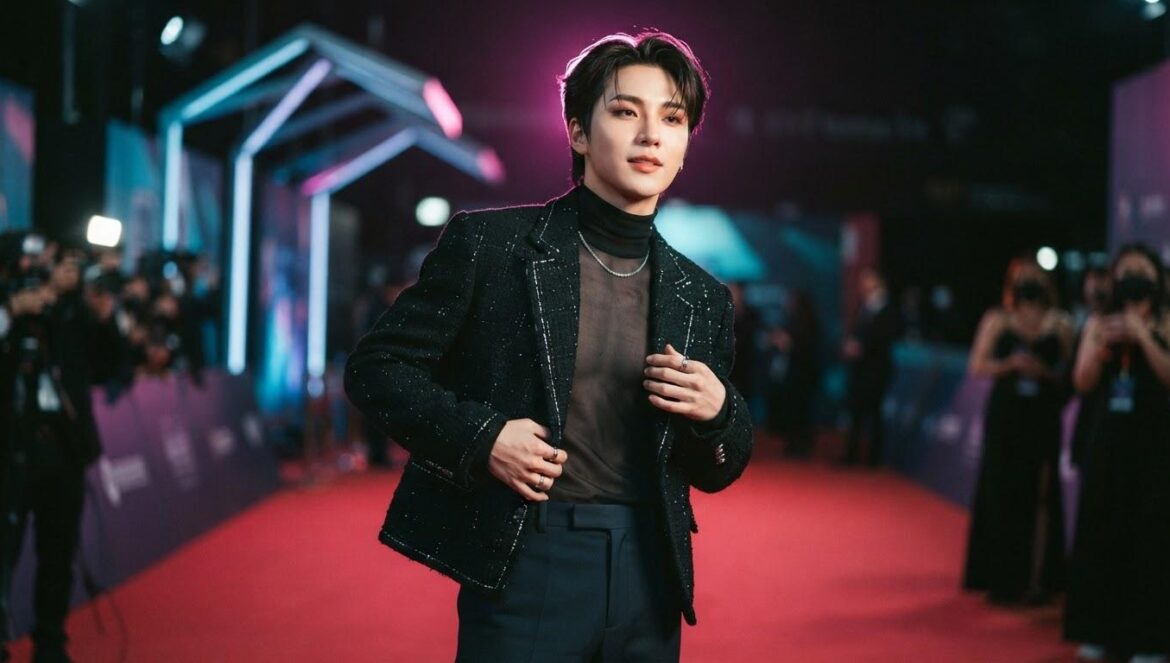 Artista de K-pop posando en la alfombra roja iluminada con luces de neón en Seúl durante una entrega de premios.