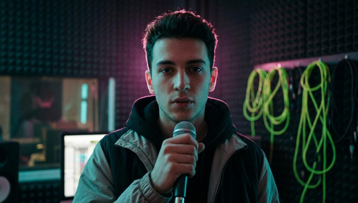 Retrato en primer plano de un joven artista de rap en un estudio de grabación con luces de fondo magenta y sombras turquesas.