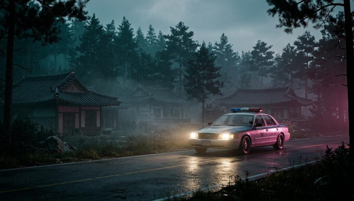 La película HOPE bate récords: supera los 2 millones Plano cinematográfico de un pueblo rural coreano cubierto de niebla al anochecer, iluminado por los faros de un coche de policía y un sutil brillo magenta.