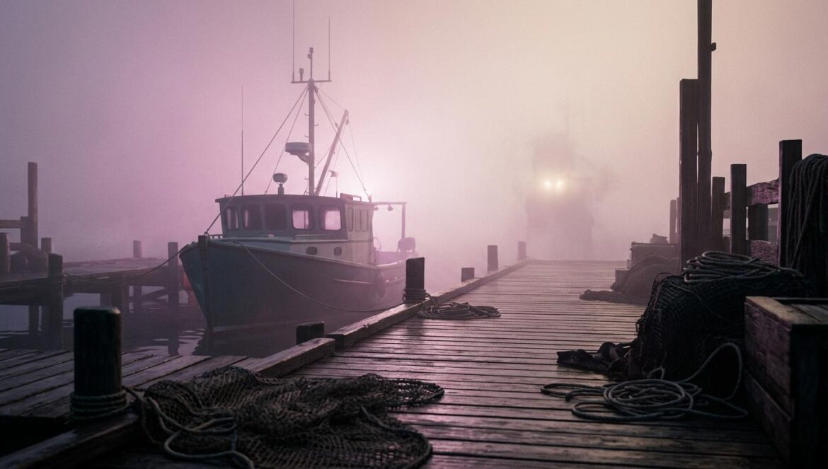 Puerto pesquero coreano cubierto de niebla densa durante el crepúsculo, con muelles de madera mojados y una misteriosa luz brillante al fondo.