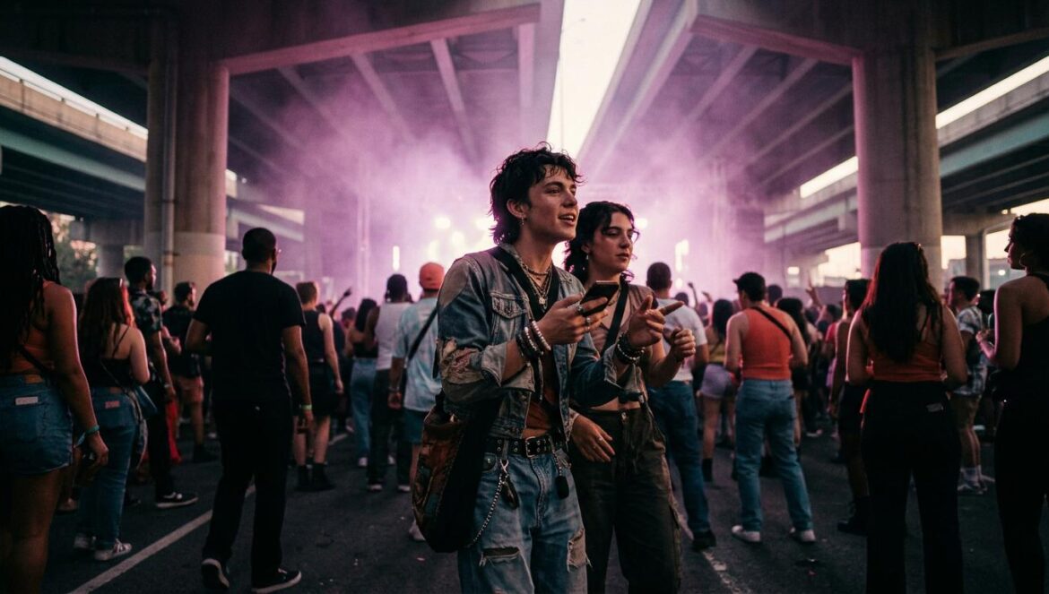 Ladyland 2026 y la psicología del refugio nocturno queer Una multitud bailando bajo un paso elevado de hormigón industrial con iluminación magenta y neblina atmosférica durante un festival nocturno en Brooklyn.