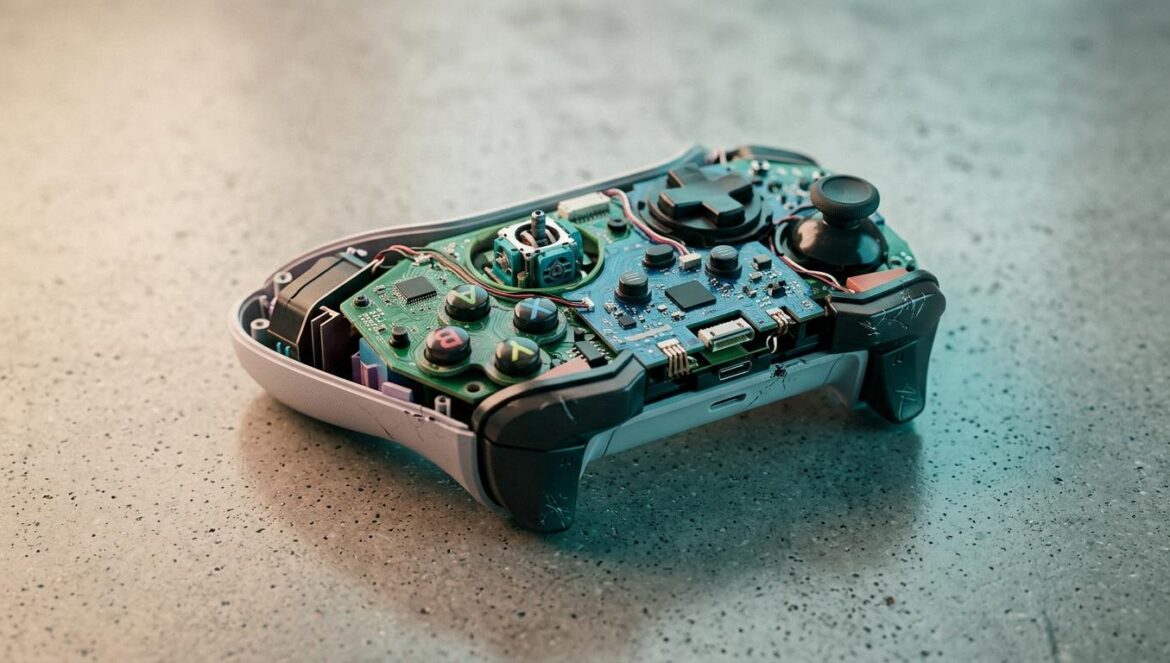 Los despidos de Xbox golpean a Bethesda y a su futuro Primer plano de un mando de consola desmontado con sus circuitos internos expuestos sobre una mesa de hormigón pulido.