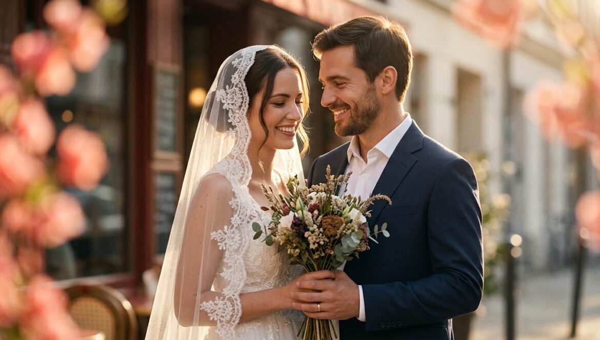 Retrato editorial de una pareja sonriente sosteniendo un ramo de flores bajo la luz cálida del sol, ella vistiendo un velo de novia sutil.