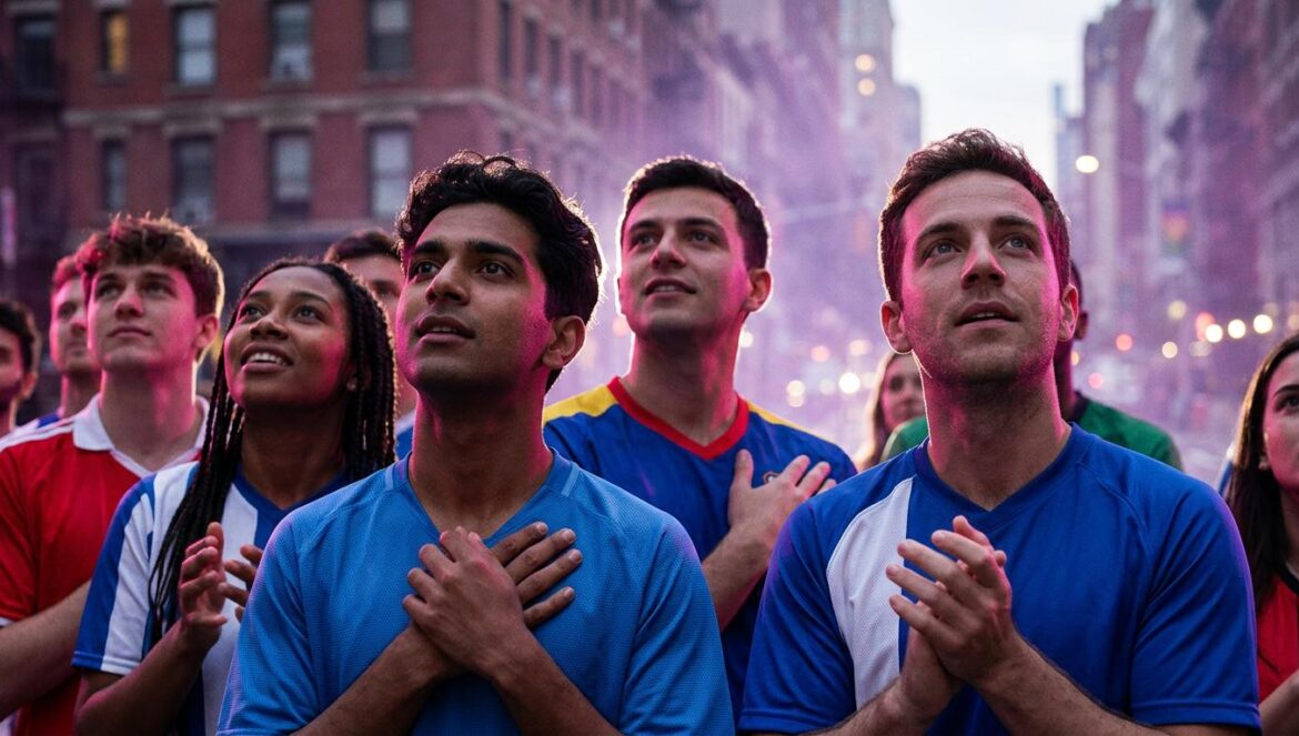 Un grupo de hinchas de fútbol de diversos orígenes mirando al horizonte con emoción y esperanza bajo luces magenta y lila.