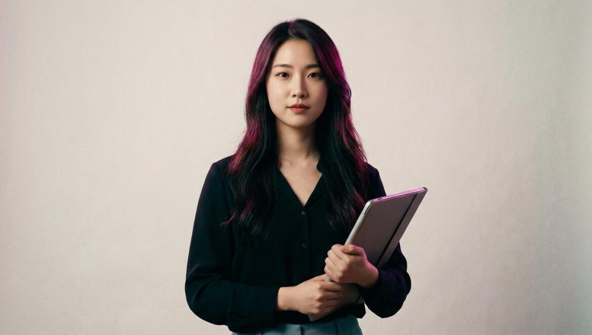 My Bias, My Boss y la delgada línea entre fan y empleada Retrato editorial de una joven profesional de la moda coreana sosteniendo un portafolio en un estudio iluminado con tonos magenta y turquesa.