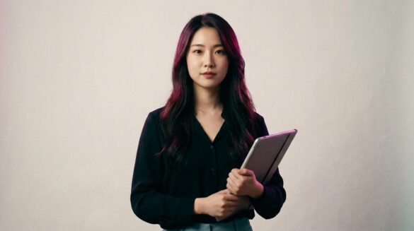 Retrato editorial de una joven profesional de la moda coreana sosteniendo un portafolio en un estudio iluminado con tonos magenta y turquesa.