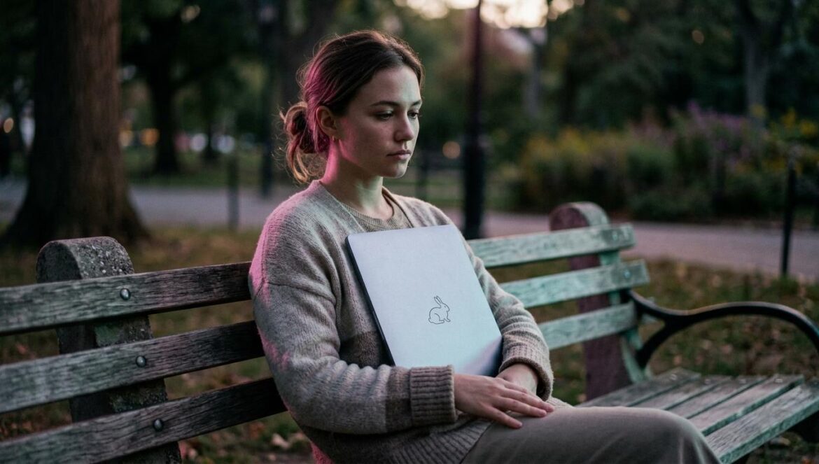 Retrato editorial de una joven pensativa sentada en un parque con un portátil con un adhesivo de conejo, iluminada con tonos magenta y turquesa.