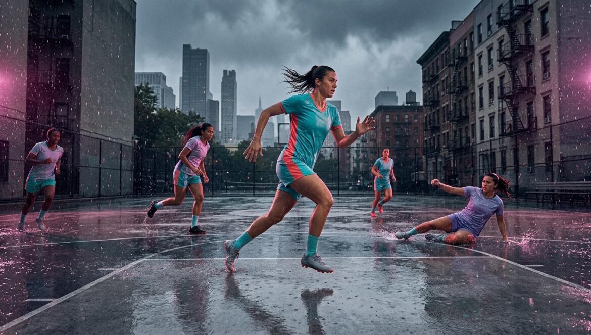 Nike TOMA en Nueva York: catarsis, lluvia y salud colectiva Vista de un campo de fútbol de asfalto mojado bajo la lluvia en Nueva York, con luces de tonos magenta y turquesa reflejadas en el suelo húmedo.
