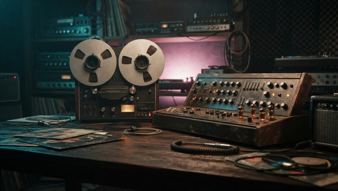 Nirosta Steel y la venganza del underground sin algoritmo Grabadora de cinta analógica y vinilos antiguos iluminados con luces magenta y turquesa en un estudio de música.