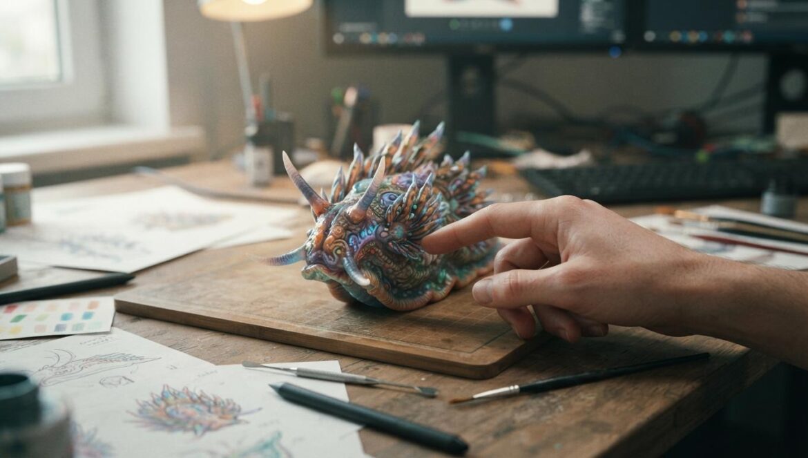 Bocetos de diseño sobre un escritorio de desarrollo de videojuegos con notas de color y detalles conceptuales.