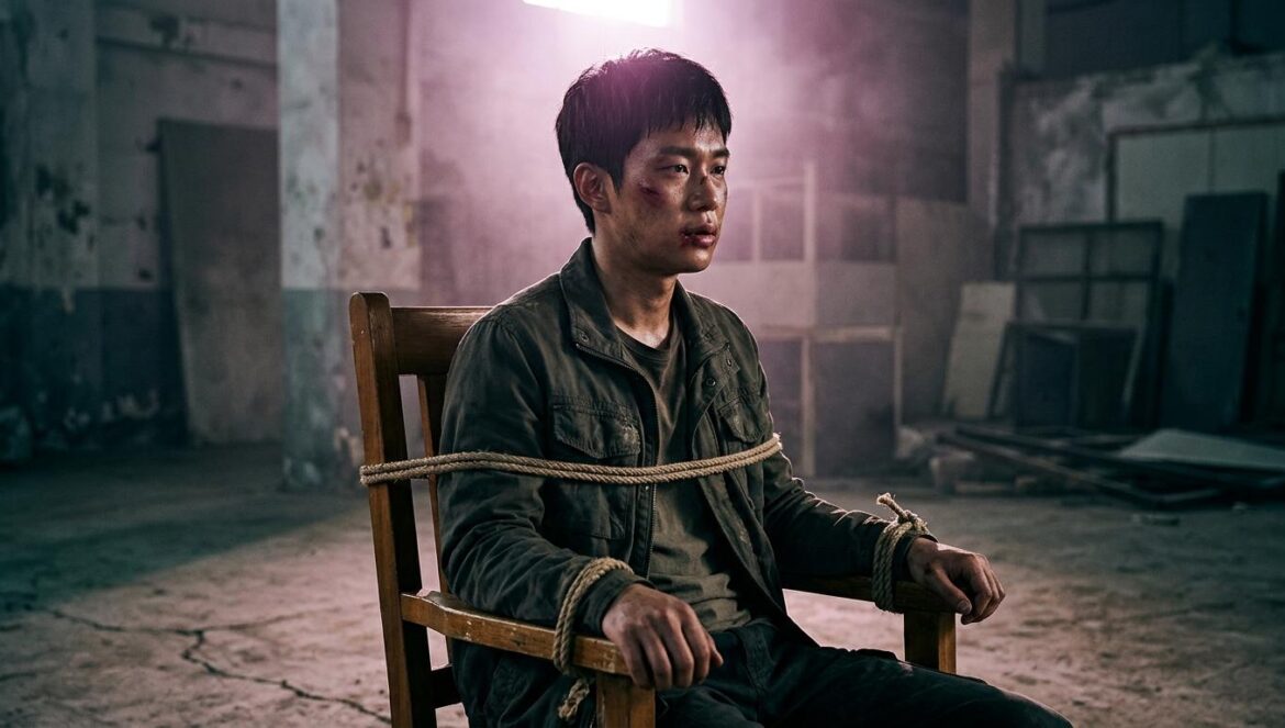 Reborn Rookie: el secuestro que redefine a Lee Jun Young Primer plano cinematográfico de un actor coreano amarrado a una silla en un almacén oscuro con iluminación dramática en tonos magenta y turquesa.