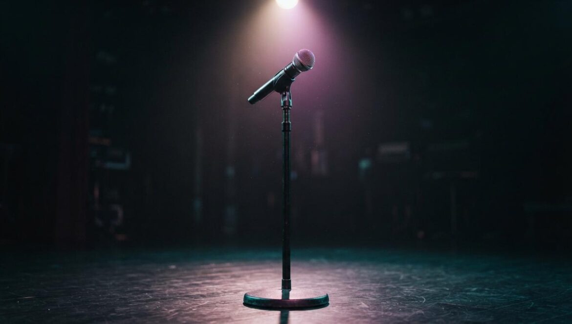Un micrófono solitario bajo una luz tenue en un escenario oscuro, simbolizando una pausa en la industria musical.